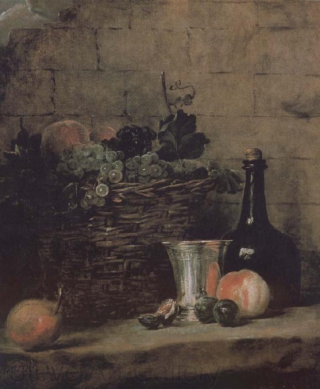 Jean Baptiste Simeon Chardin Silver wine bottle grapes peaches plums and pears Norge oil painting art